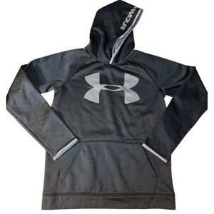 Kids Under Armour Hoodie Black Gray Logo Pullover Long Sleeve Size YXL‎